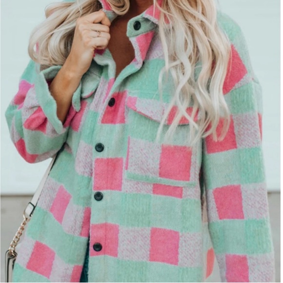 60 Oversized Soft Heavyweight Green Pink Plaid Cozy Brushed Shacket Pockets - Picture 4 of 9